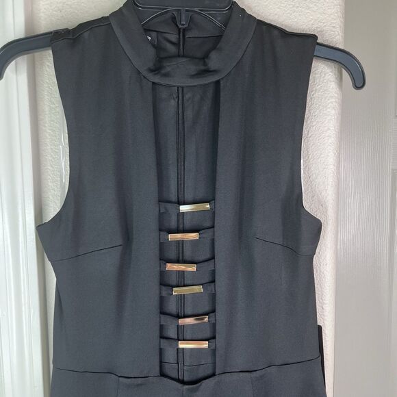 Bebe Bar Detail Jumpsuit Women’s Size Medium Black Gold Bar New - Picture 2 of 13